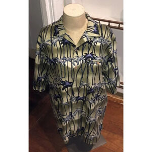 Men's Island Paradise Large Hawaiian 100%‎ Silk Green Blue Palm Trees